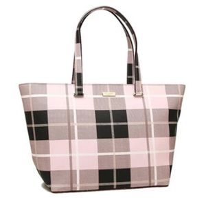 NEW KATE SPADE PETAL PINK TAN BLACK Plaid Tote